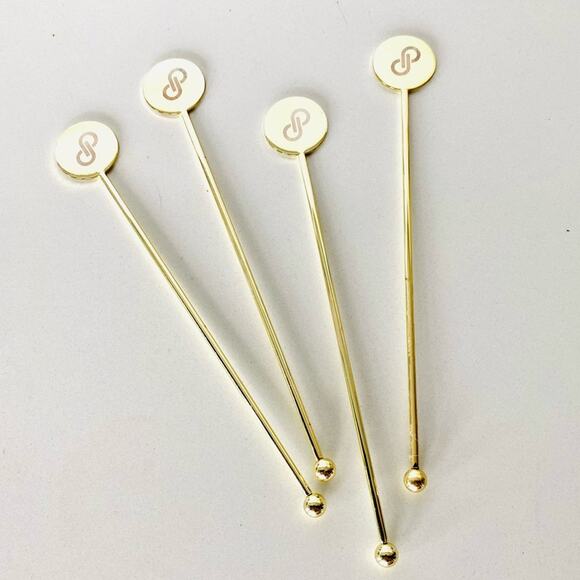 NEW POSHMARK Gold Logo Circle Disc Cocktail Stir Stick Stirrer Barware Set 4 - Picture 1 of 5